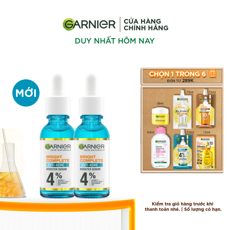 Bộ đôi dưỡng chất cho da dầu mụn Garnier Bright Complete Anti-Acne Serum 4% [Niacinamide, BHA, AHA, Vitamin C] 30mlX2