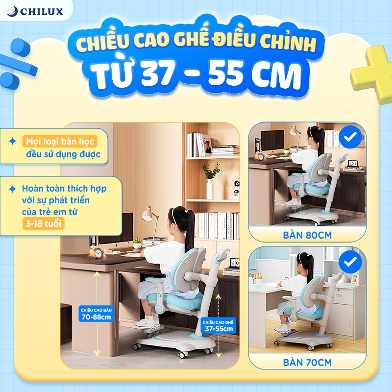 Ghế ngồi học chống gù Chilux G20, bé ngồi đúng tư thế, bảo vệ cột sống, có thể thay đổi chiều cao