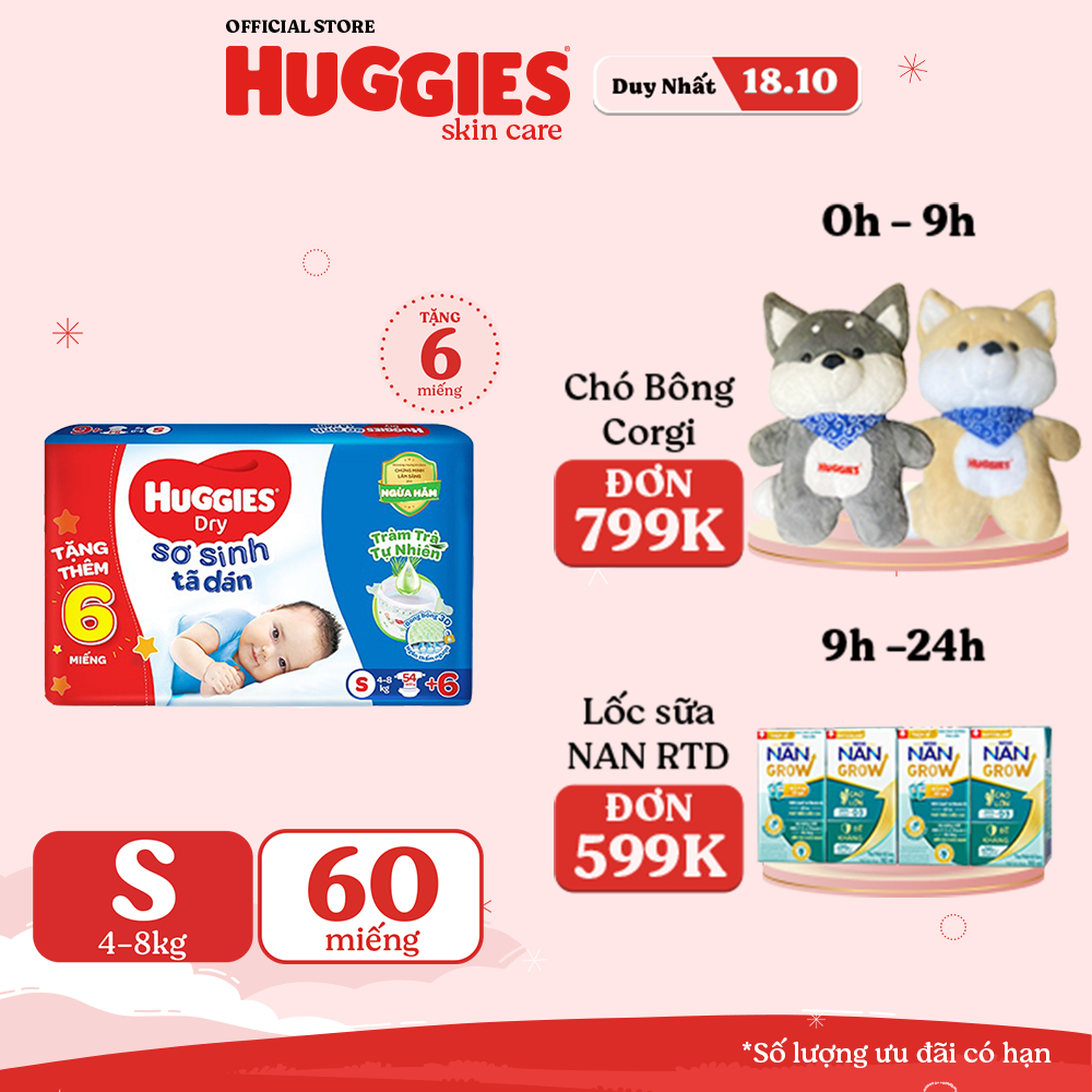 [HUGMAR33B-10% max 60k đơn 400k] Tã dán sơ sinh Huggies Dry S 54 miếng + tặng 6 miếng