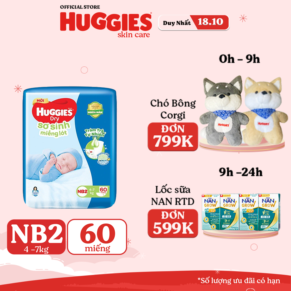 Miếng lót sơ sinh NB2 Huggies Dry Tràm Trà Tự Nhiên 60 miếng:Chính Hãng