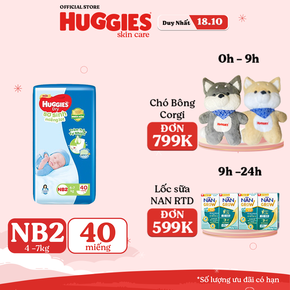 [HUGFEB15 -10% max 60k đơn 400k] Miếng lót sơ sinh NB2 Huggies Dry Tràm Trà Tự Nhiên 40 miếng:Chính Hãng