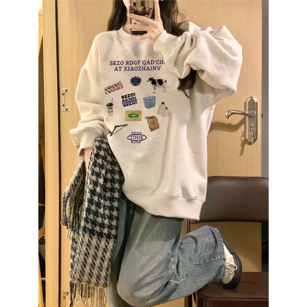 Áo Sweater chất Nỉ Bông Form Rộng Nam Nữ Unisex Dáng Oversize Xám Tiêu In Hình Nhiều dễ thương