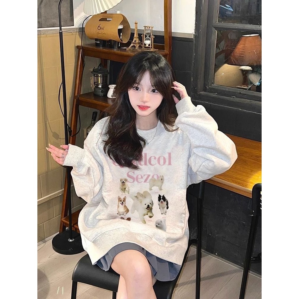 Áo Sweater chất Nỉ Bông Form Rộng Nam Nữ Unisex Dáng Oversize Xám Tiêu In Hình Nhiều dễ thương