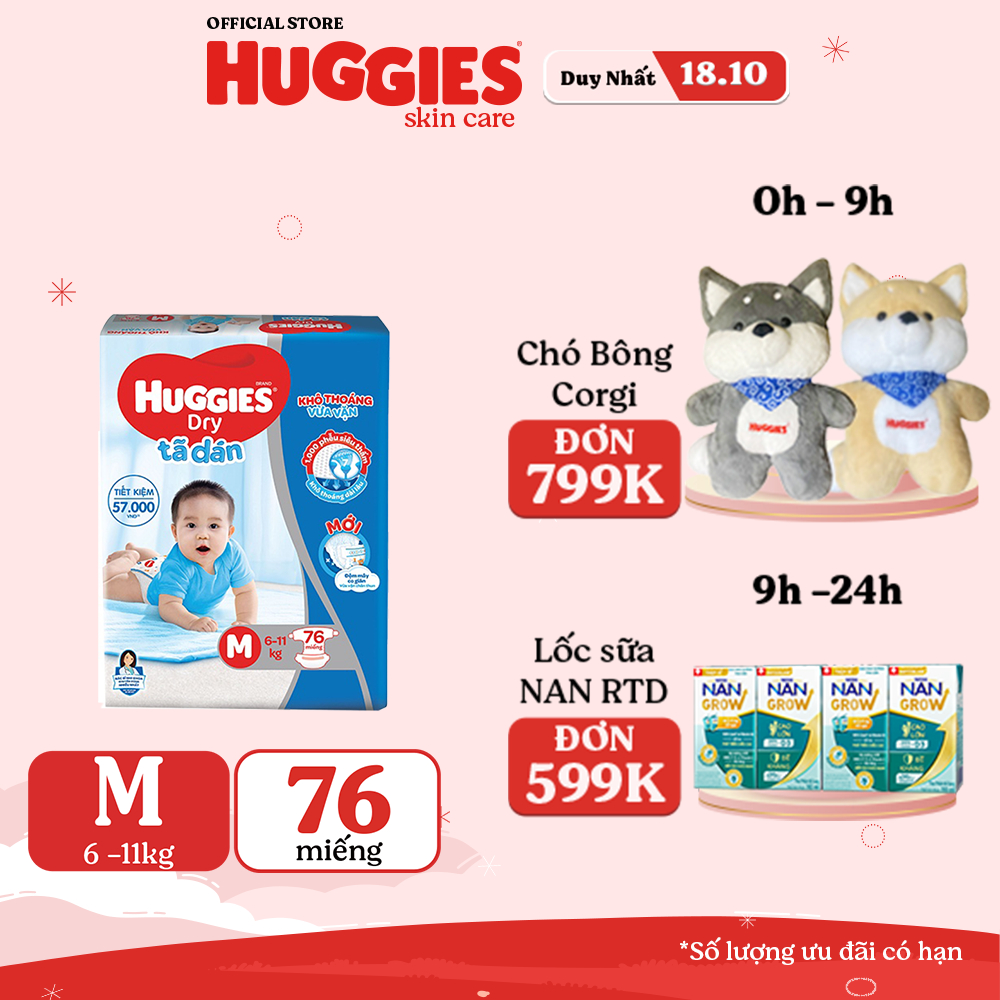 Tã dán Huggies Dry Super Jumbo M76/L68/XL62/XXL56