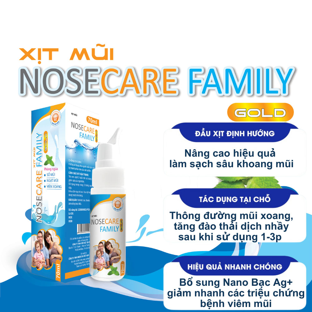 Dung Dịch Xịt Mũi Nước Muối Sinh Lý Nano Bạc NOSECARE FAMILY GOLD hằng ngày phòng ngừa sổ mũi, ngạt mũi và viêm xoang