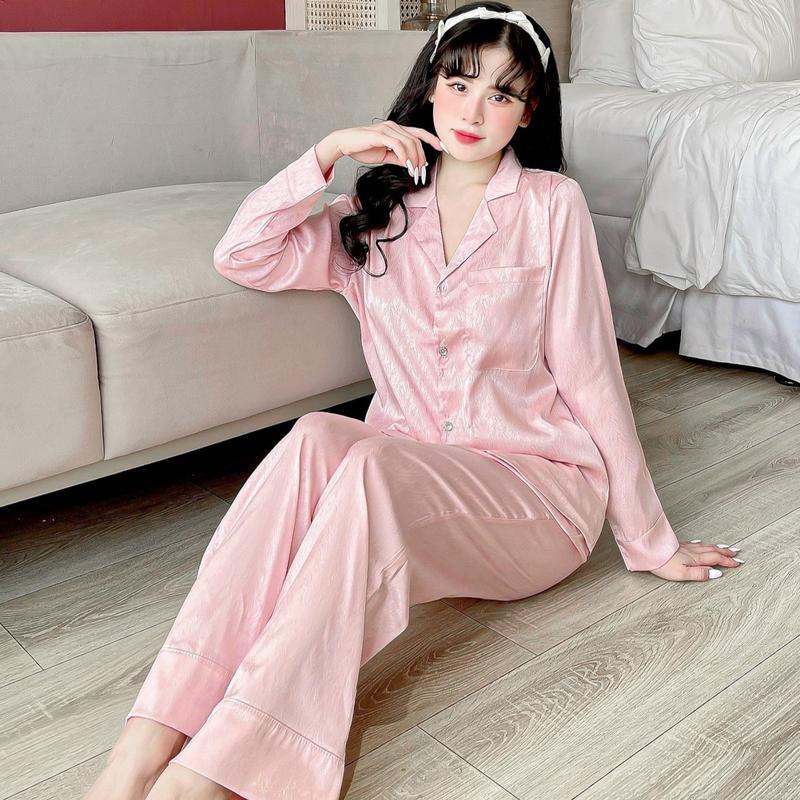 Đồ Ngủ Pijama Lụa gấm xước ánh kim tay dài quần dài dễ thương JUSOKA DD44