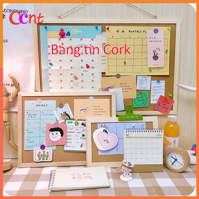 Bảng ghim gỗ bần,ghim tài liệu bảng Note treo tường dán ghi chú,Giấy phân bè (Tặng kèm ghim + dây gai + móc),