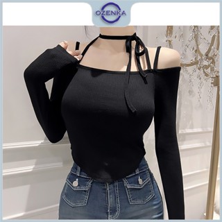  Áo croptop Ozenka trễ vai tay daì hai dây nữ  áo kiểu crt ôm body thun tăm lạnh màu trắng đen gợi cảm 