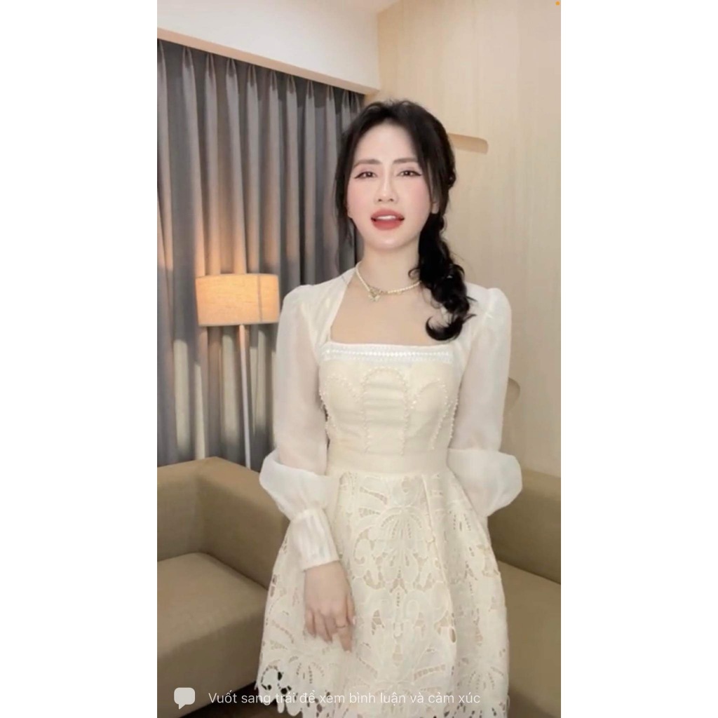 THANH LÝ  - Set váy tiệc kem ngắn 2 dây chân ren kèm khoác