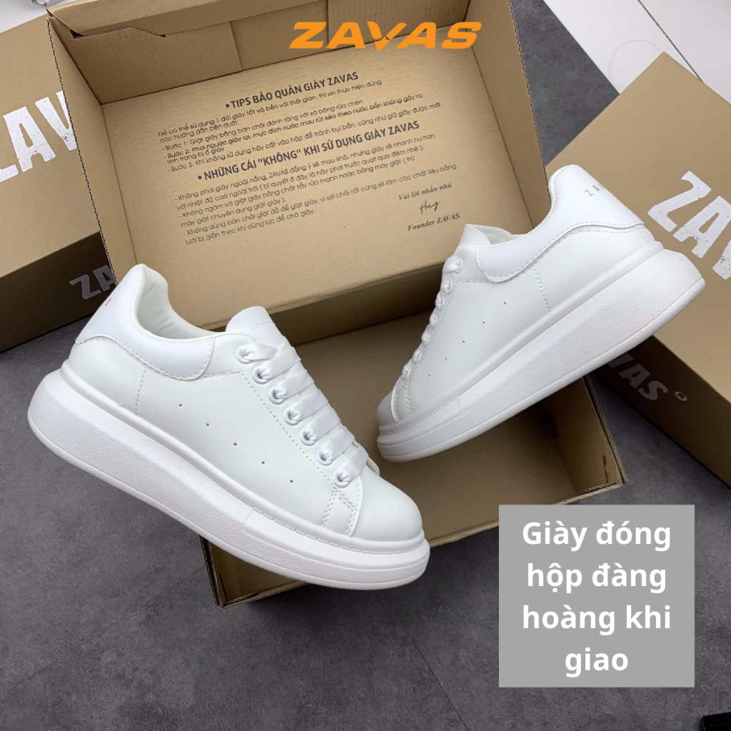 Giày thể thao sneaker nữ ZAVAS đế cao 4cm màu trắng bằng da mang êm chân phong cách mc ulzzang - S387