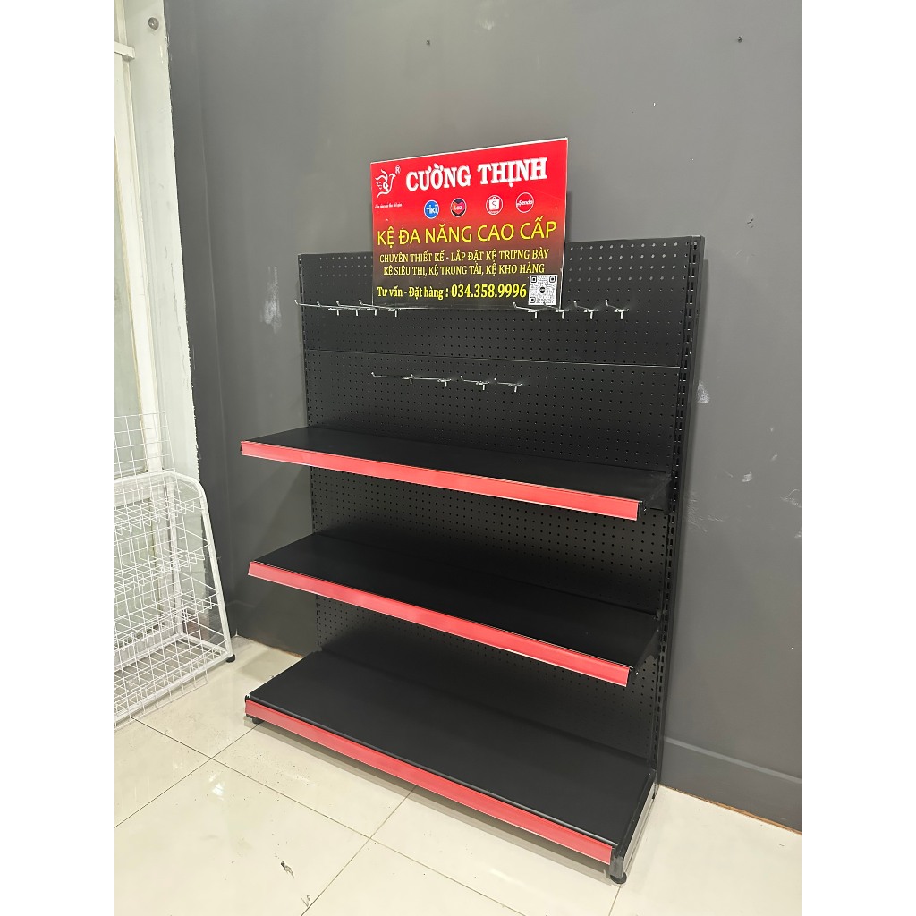 Kệ đơn tôn lỗ, Cao 150 x Dài 120 x Rộng 35 x 3 tầng, tặng kèm 15 móc 15cm.