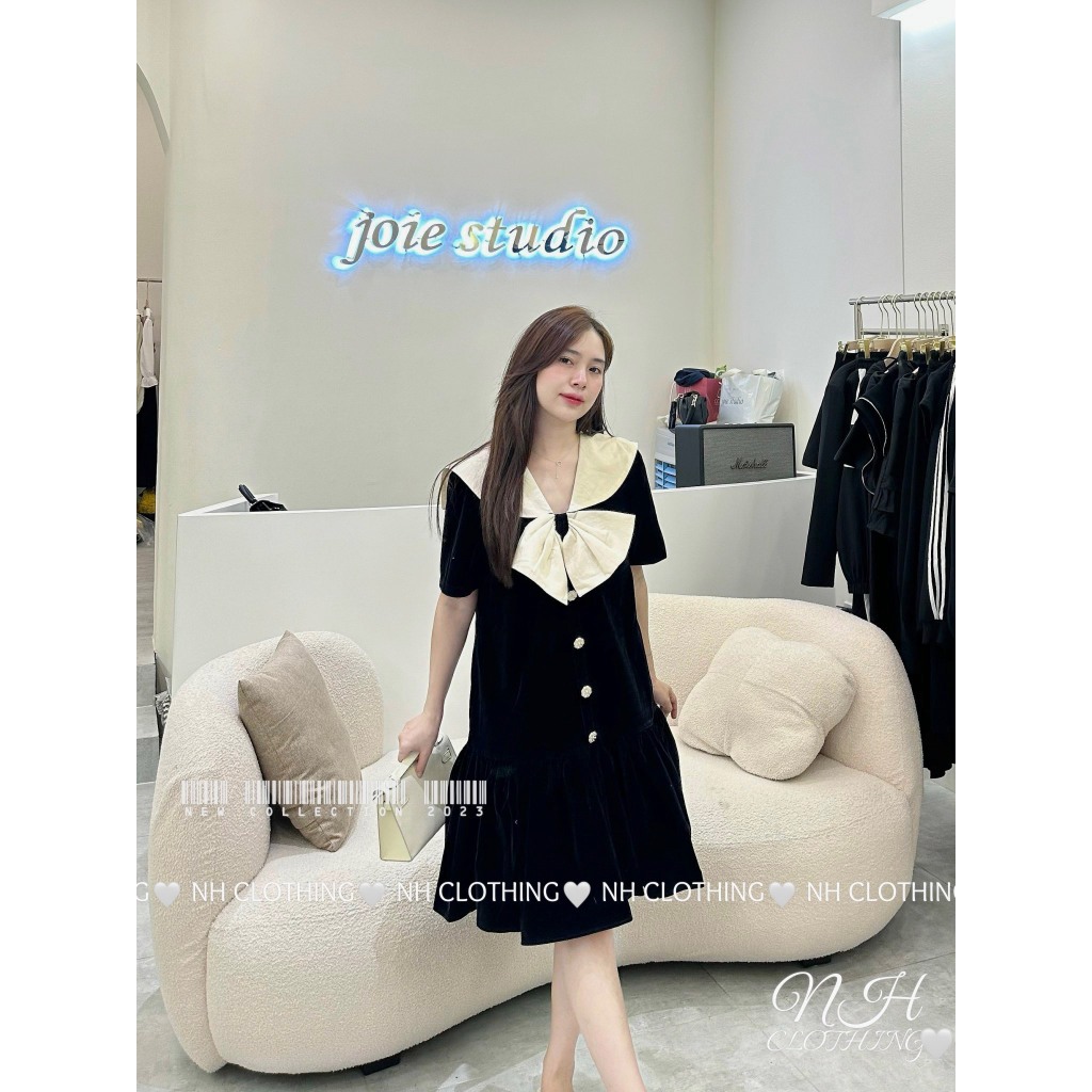 Váy nhung nơ cổ sm