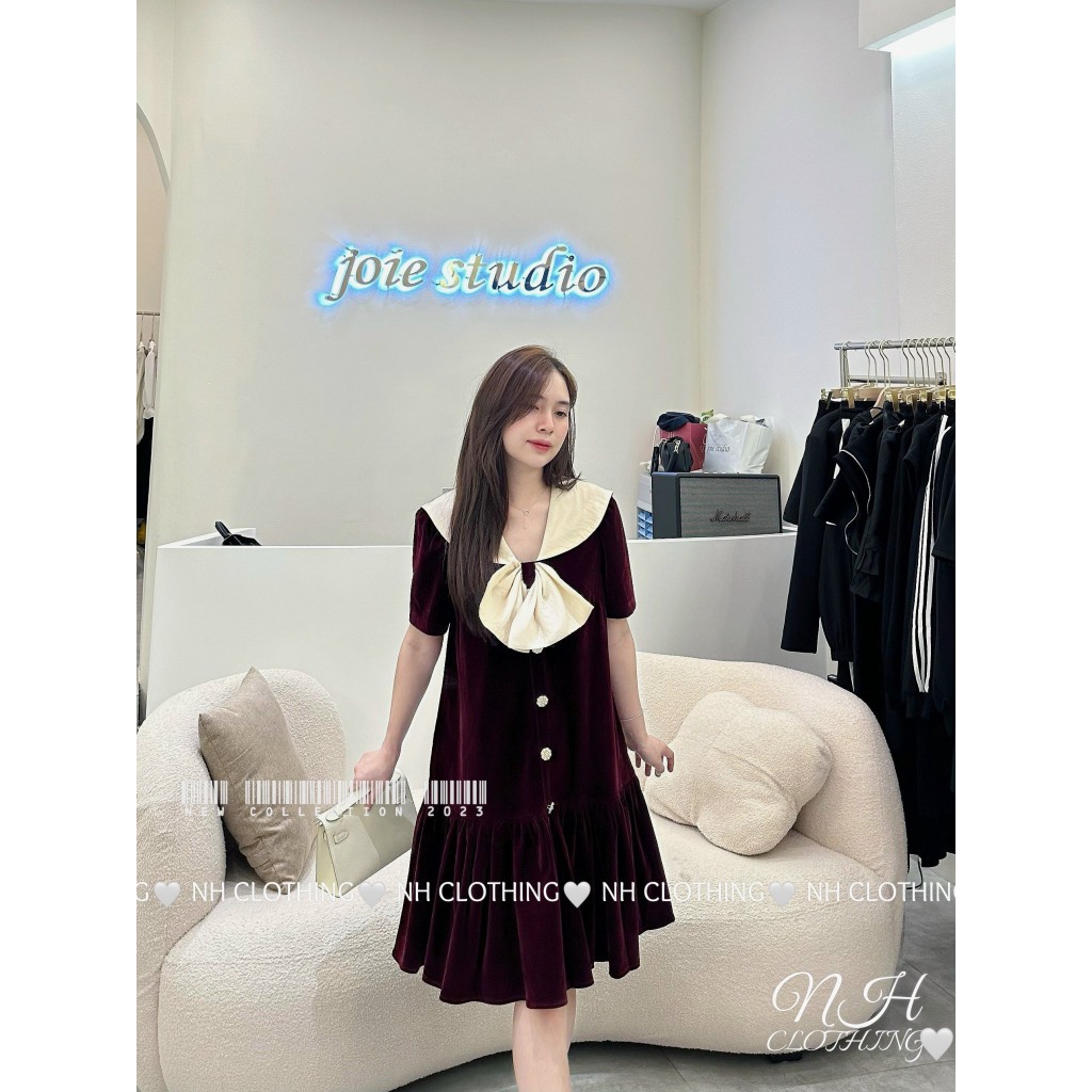 Váy nhung nơ cổ sm