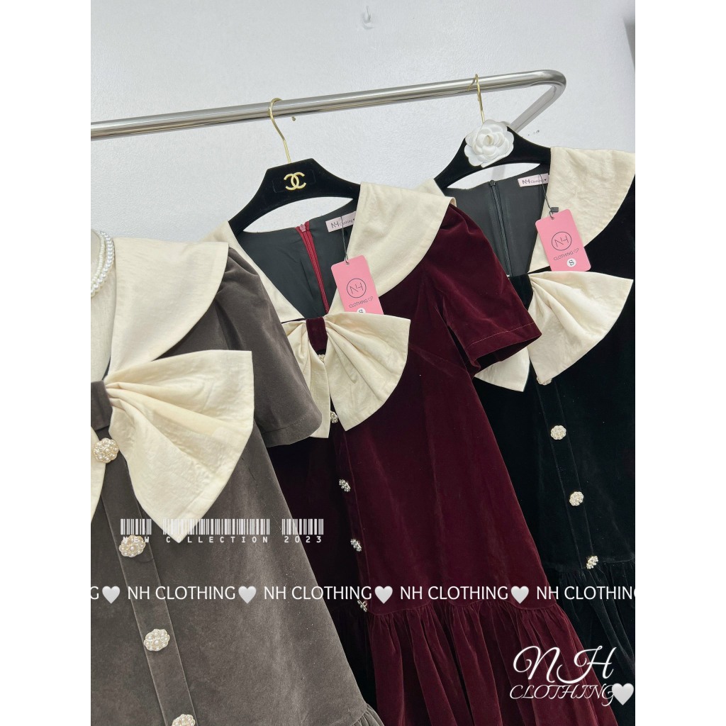 Váy nhung nơ cổ sm