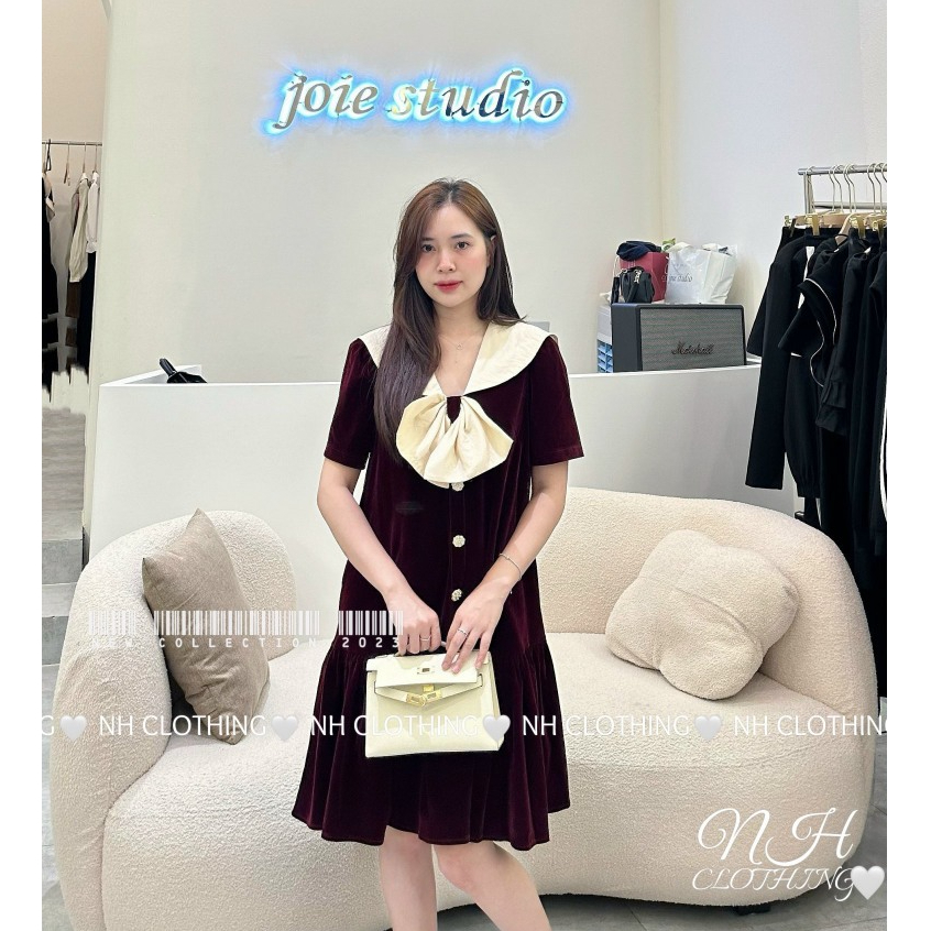 Váy nhung nơ cổ sm