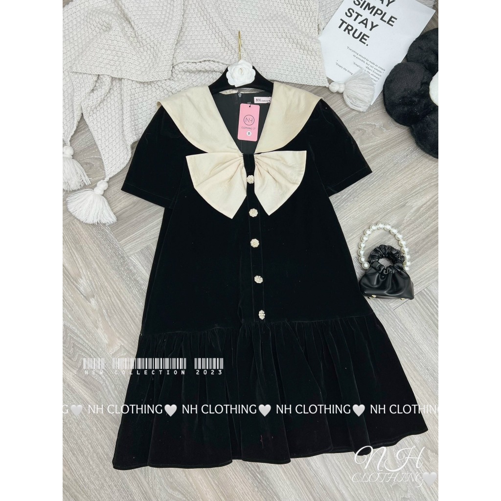 Váy nhung nơ cổ sm