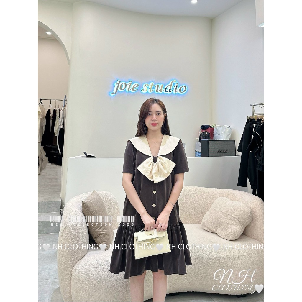 Váy nhung nơ cổ sm