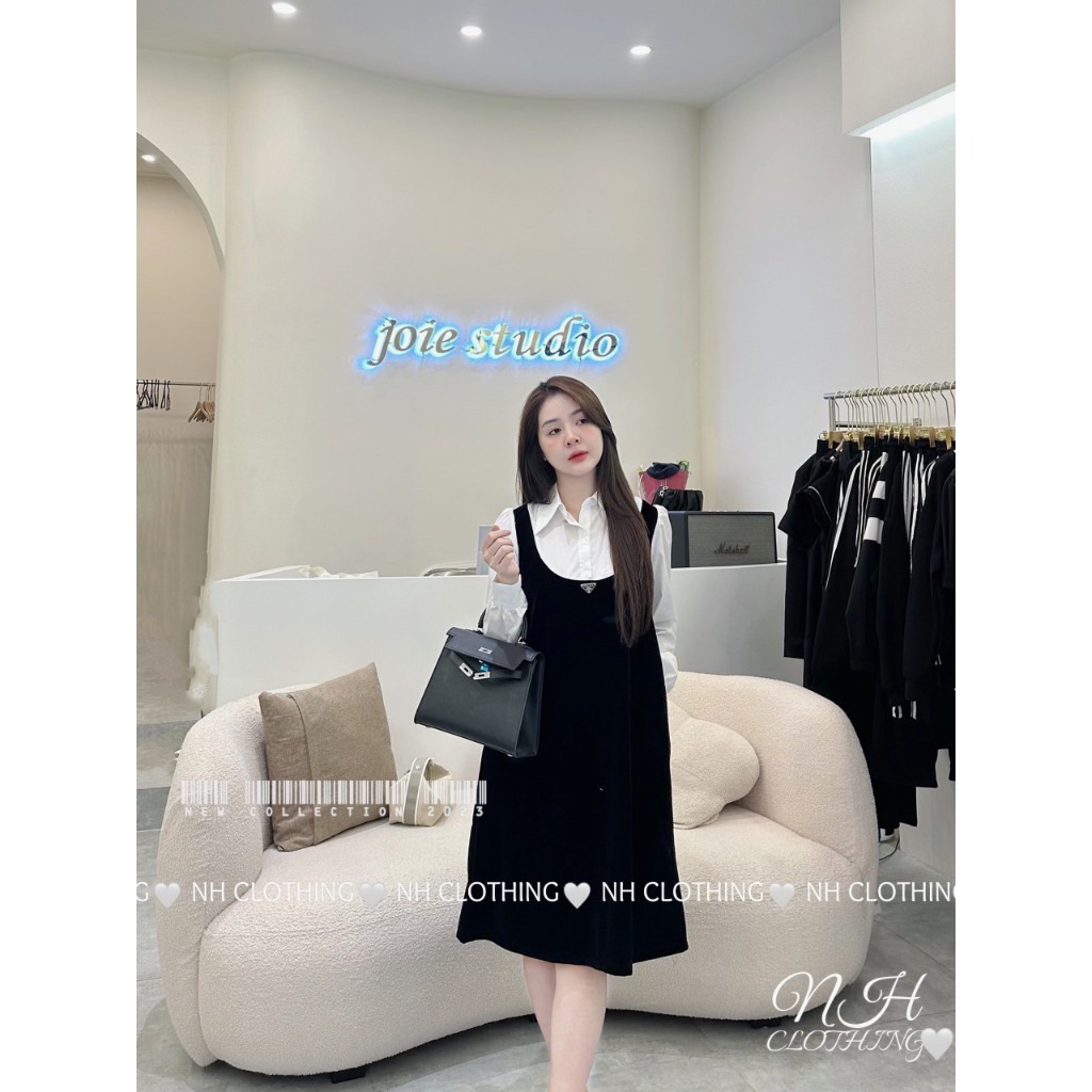 Váy Dài Tay Dáng Dài Đen Phối Sơ Mi Trắng Kèm Tang,Váy Dài Tay Thu Đông,Váy phối sơmi pra da sm