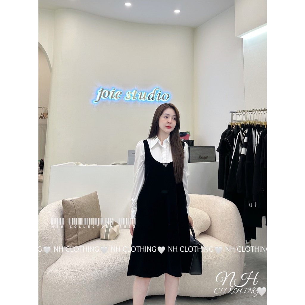 Váy Dài Tay Dáng Dài Đen Phối Sơ Mi Trắng Kèm Tang,Váy Dài Tay Thu Đông,Váy phối sơmi pra da sm