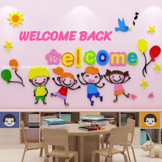 Tranh dán tường mica welcome back học sinh trang trí mầm non