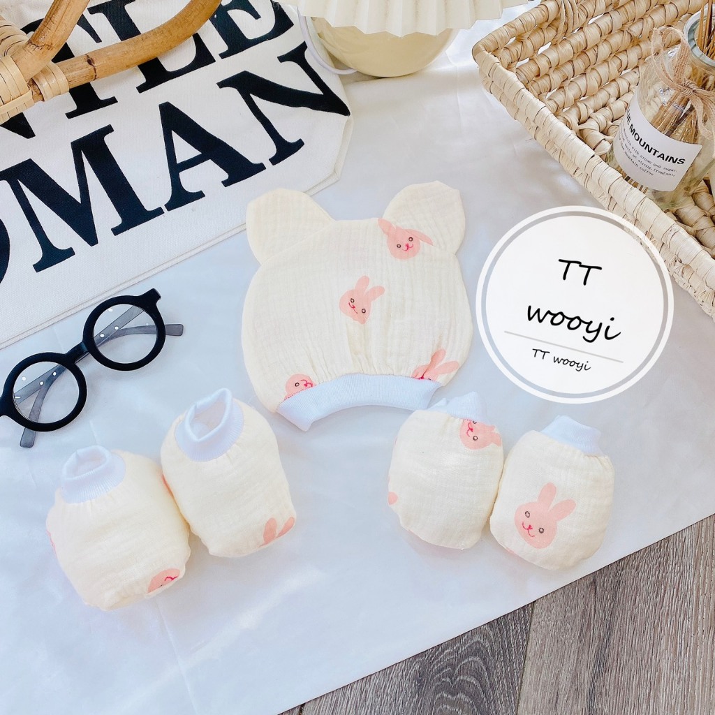 Sét mũ và bao tay bao chân MUSLIN 5 MÓN chất đẹp đáng yêu cho bé SM12