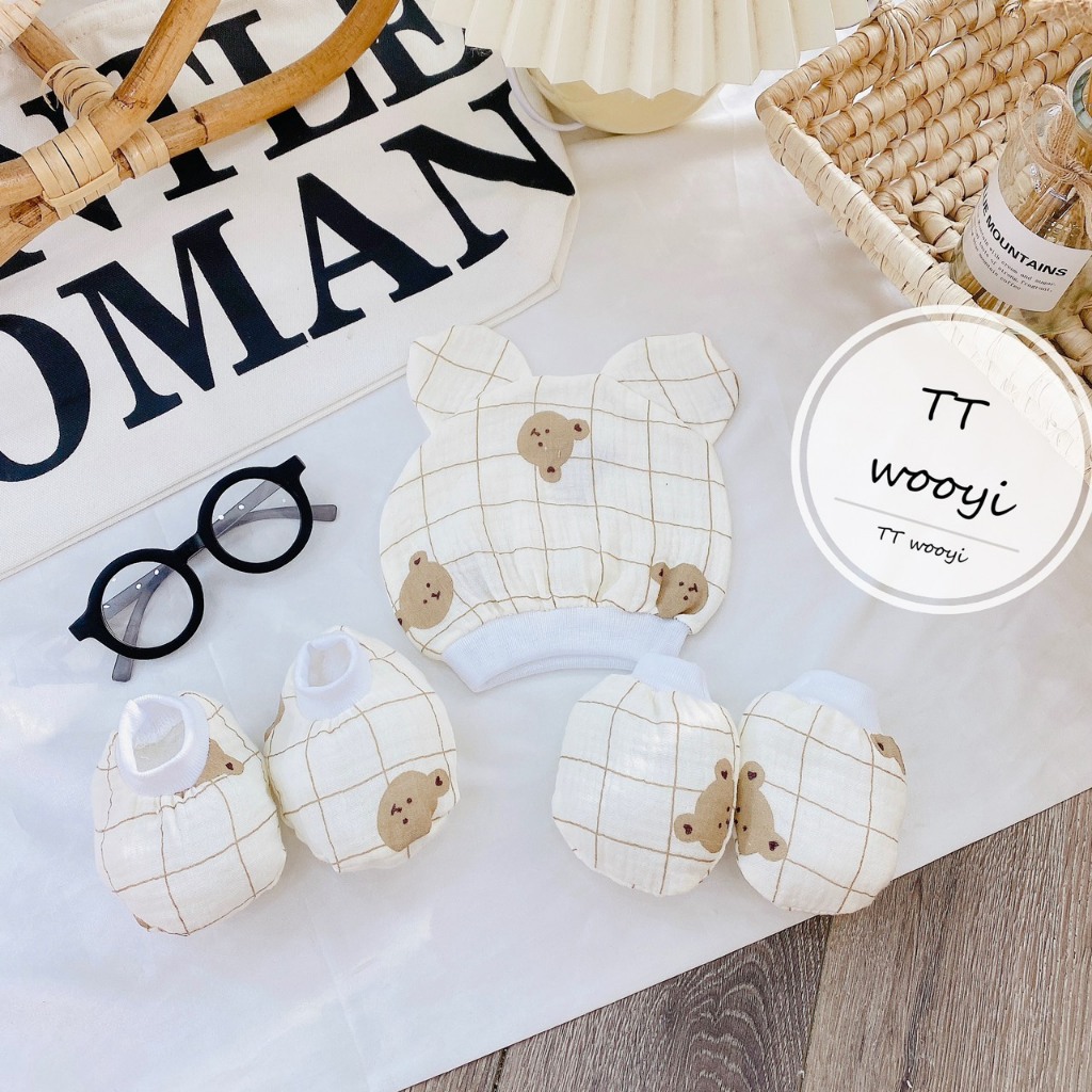 Sét mũ và bao tay bao chân MUSLIN 5 MÓN chất đẹp đáng yêu cho bé SM12