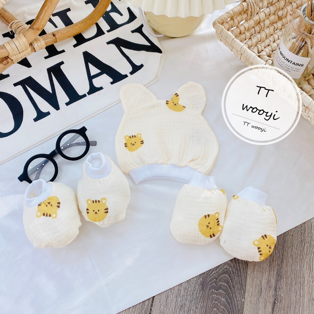Sét mũ và bao tay bao chân MUSLIN 5 MÓN chất đẹp đáng yêu cho bé SM12