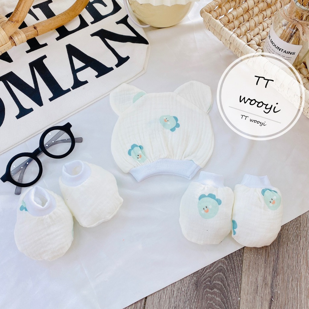 Sét mũ và bao tay bao chân MUSLIN 5 MÓN chất đẹp đáng yêu cho bé SM12