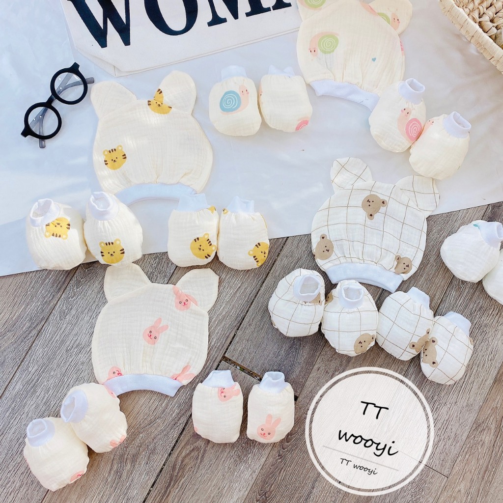 Sét mũ và bao tay bao chân MUSLIN 5 MÓN chất đẹp đáng yêu cho bé SM12