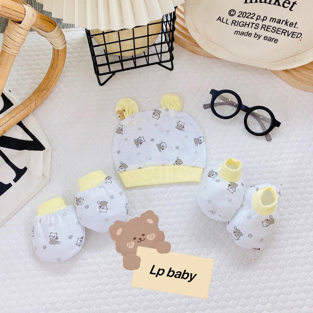 Sét mũ và bao tay bao chân BÌNH SỮA 5 MÓN chất cực đẹp đáng yêu cho bé SM05