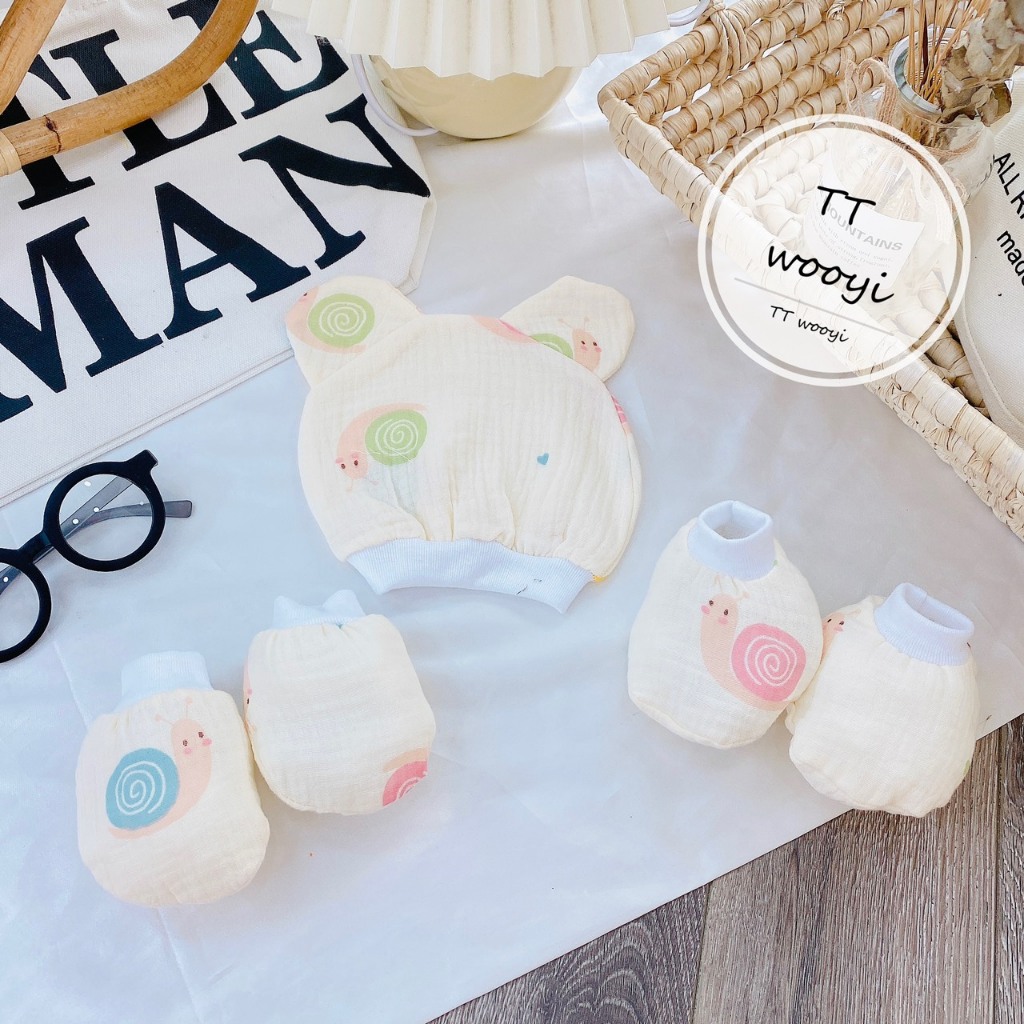 Sét mũ và bao tay bao chân MUSLIN 5 MÓN chất đẹp đáng yêu cho bé SM12