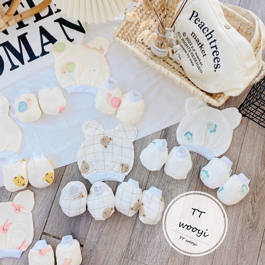 Sét mũ và bao tay bao chân MUSLIN 5 MÓN chất đẹp đáng yêu cho bé SM12