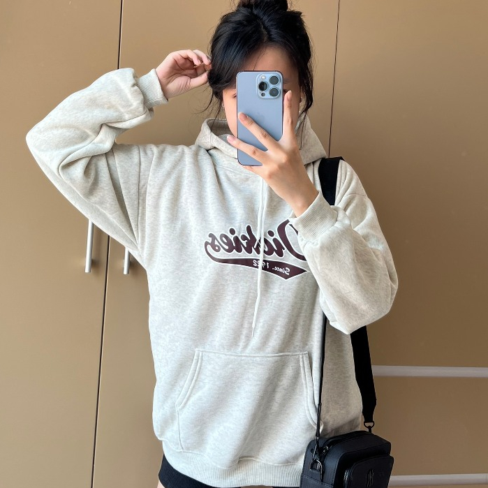 Áo hoodie nỉ bông, Áo khoác hoodie màu xám tiêu in chữ Dickiess mới 2023 Su min min