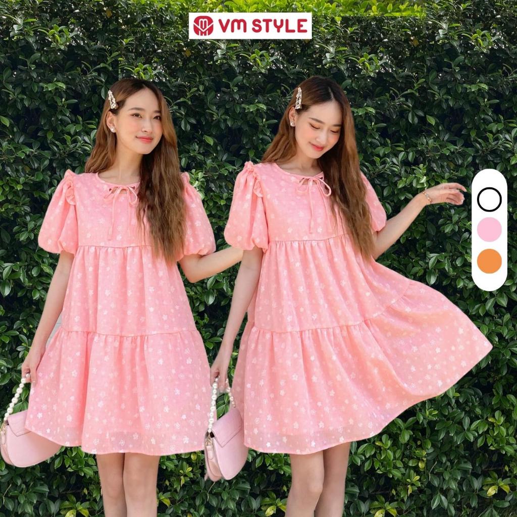 Đầm nữ VMSTYLE dáng babydoll tay ngắn phồng khoét cổ 3 tầng hoạ tiết hoa nhỏ dễ thương đi chơi, dạo phố Y196 - VDU00275