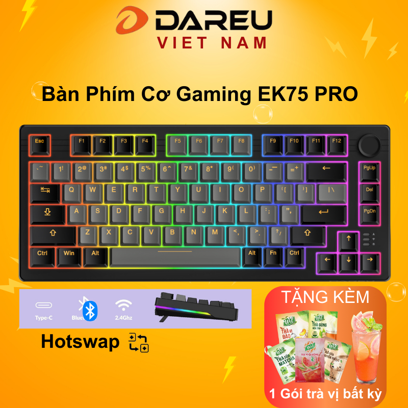 Bàn phím cơ không dây DAREU EK75 PRO - BLACK GOLDEN (Hotswap, Pin: 3.750mAh ,Triple Mode, Gasket Mount, RGB )