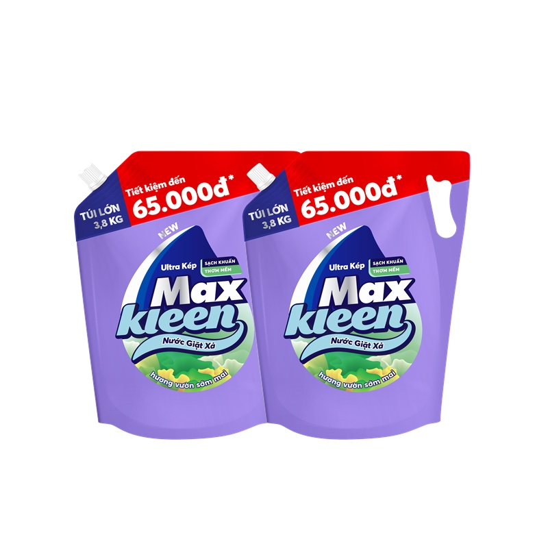 Combo 2 Túi Nước Giặt Xả Maxkleen Hương Vườn Sớm Mai 3.8kg tặng  1 Túi nước giặt xả MaxKleen 2.4kg 