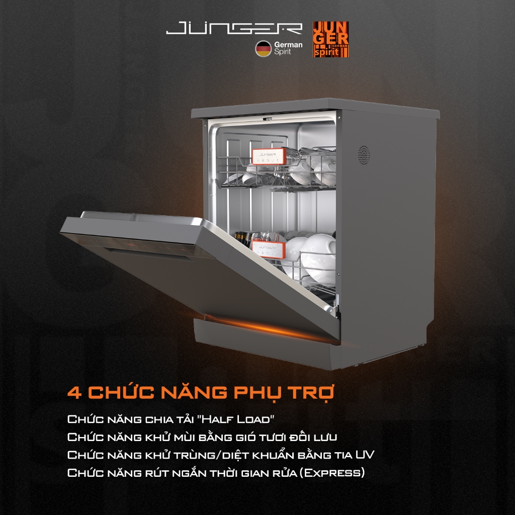 Máy rửa bát Junger DWJ-143 Dung tích 14 bộ Sấy khô Diệt khuẩn UV Hàng Chính Hãng Bảo Hành 24 Tháng