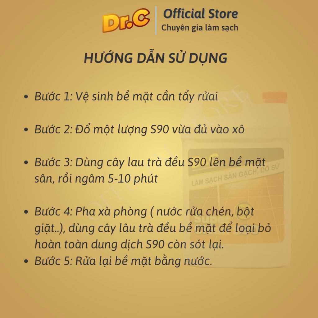 Làm sạch sàn gạch,thiết bị men sứ Dr.C  S90,Tẩy xi măng,Vôi vữa,vết bẩn lâu ngày, rêu mốc,Dr.CChính hãng,5 lít lít 5 lít