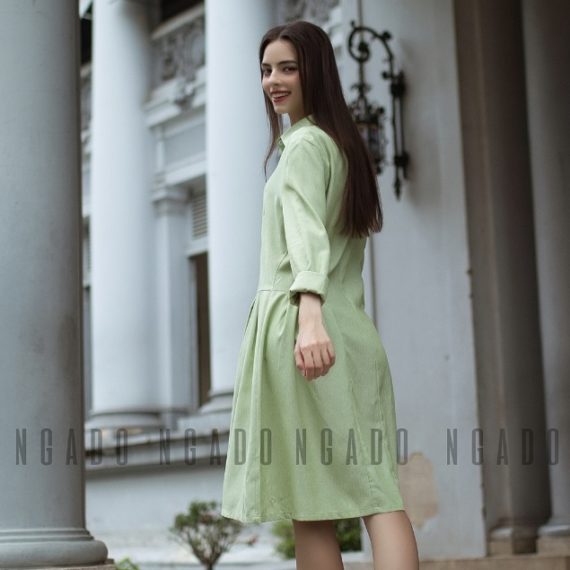 Đầm sơ mi xanh mint dài tay NGADO