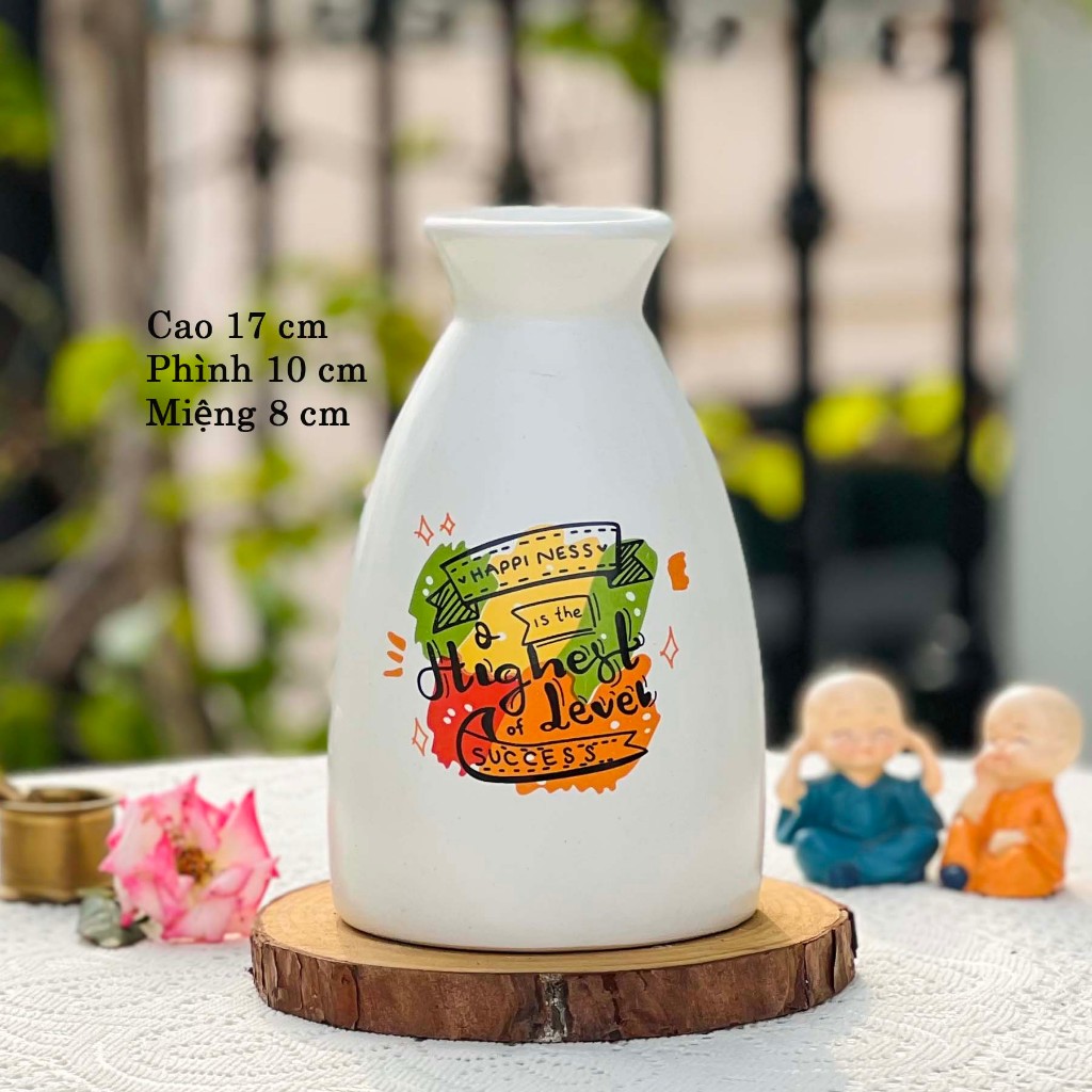 Bình hoa gốm nhỏ màu trắng decal ngộ nghĩnh dễ thương cao 17 cm, lọ cắm hoa trang trí, chụp ảnh decor vintage đẹp giá rẻ