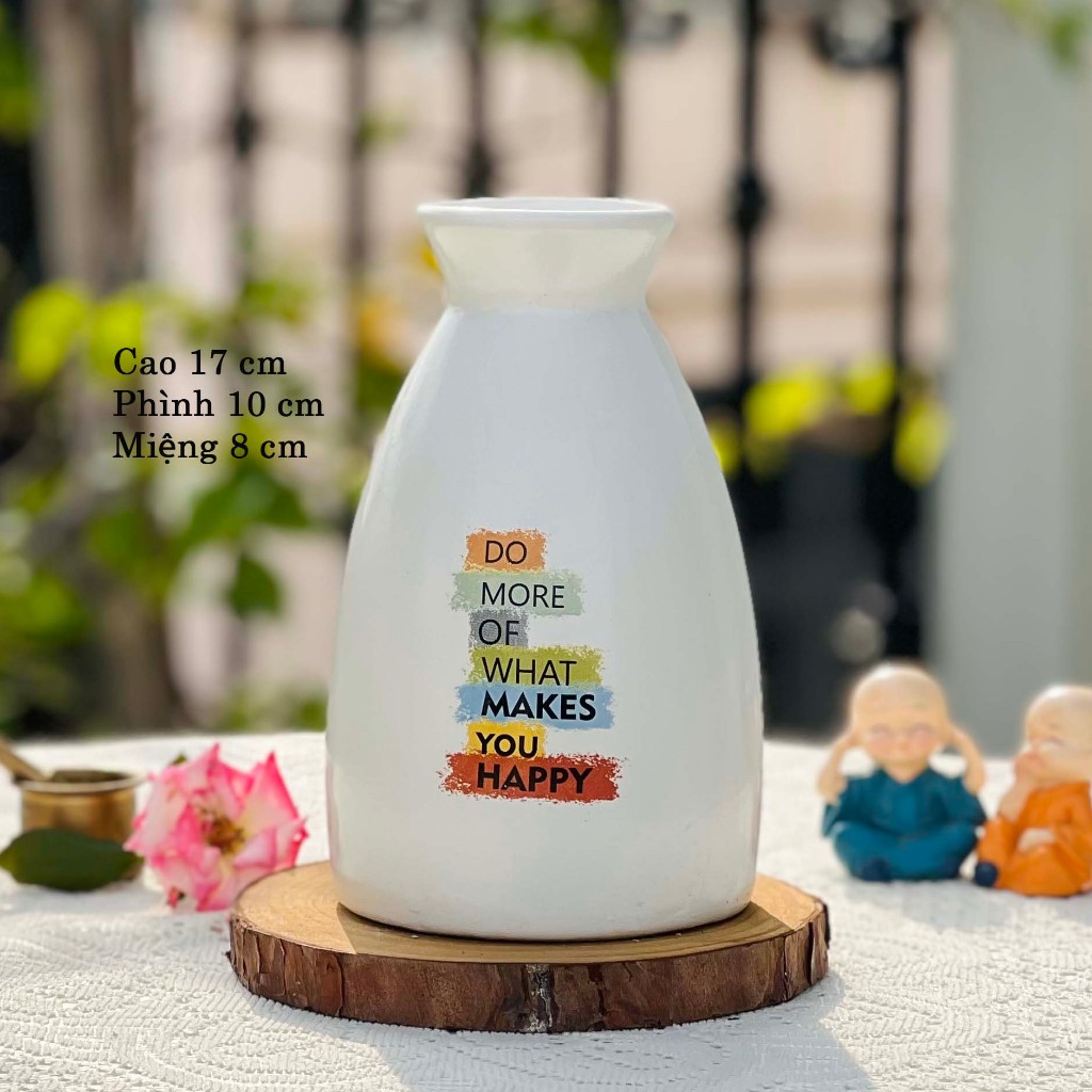 Bình hoa gốm nhỏ màu trắng decal ngộ nghĩnh dễ thương cao 17 cm, lọ cắm hoa trang trí, chụp ảnh decor vintage đẹp giá rẻ