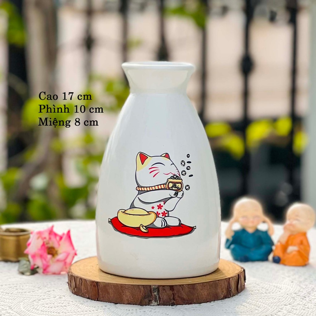 Bình hoa gốm nhỏ màu trắng decal ngộ nghĩnh dễ thương cao 17 cm, lọ cắm hoa trang trí, chụp ảnh decor vintage đẹp giá rẻ