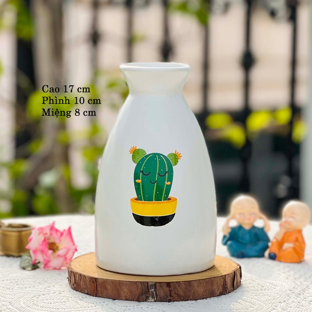 Bình hoa gốm nhỏ màu trắng decal ngộ nghĩnh dễ thương cao 17 cm, lọ cắm hoa trang trí, chụp ảnh decor vintage đẹp giá rẻ