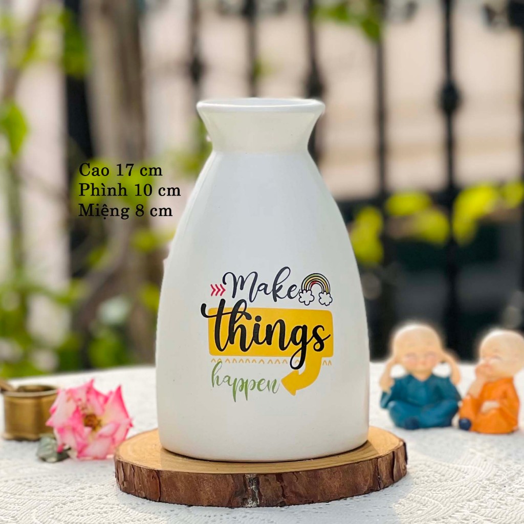 Bình hoa gốm nhỏ màu trắng decal ngộ nghĩnh dễ thương cao 17 cm, lọ cắm hoa trang trí, chụp ảnh decor vintage đẹp giá rẻ