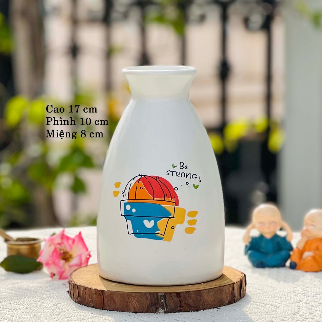 Bình hoa gốm nhỏ màu trắng decal ngộ nghĩnh dễ thương cao 17 cm, lọ cắm hoa trang trí, chụp ảnh decor vintage đẹp giá rẻ
