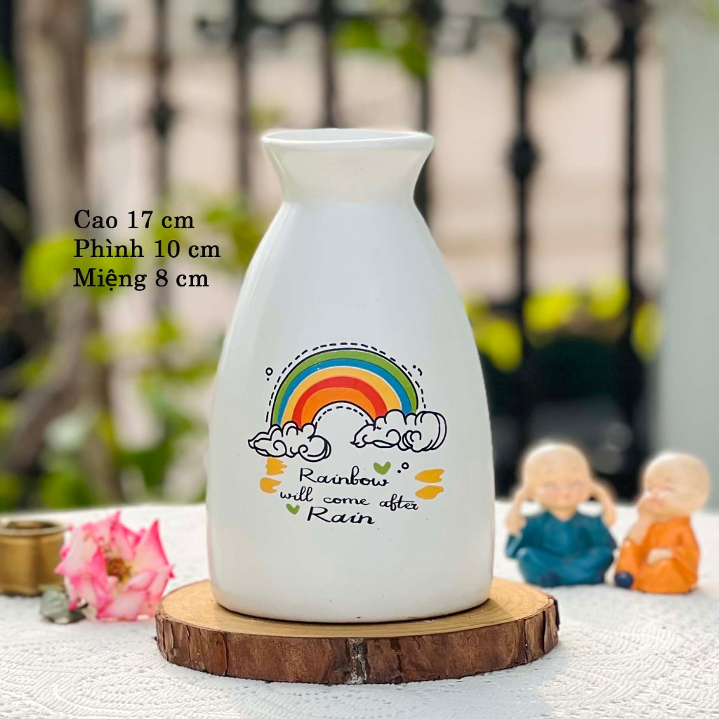 Bình hoa gốm nhỏ màu trắng decal ngộ nghĩnh dễ thương cao 17 cm, lọ cắm hoa trang trí, chụp ảnh decor vintage đẹp giá rẻ