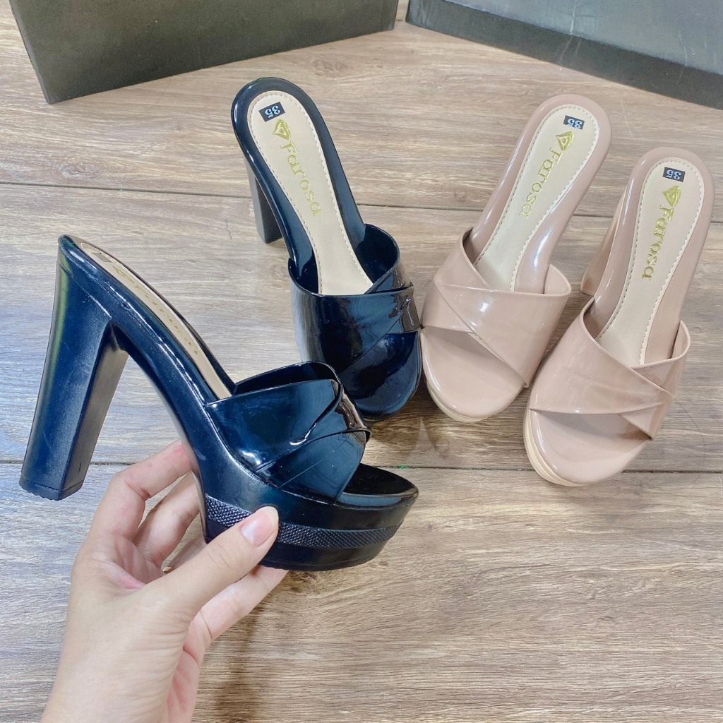 Guốc nữ cao gót đúp 12p chất da bóng sẵn 2 màu đen, cà phê  mã C3