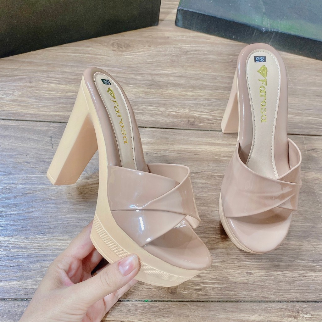 Guốc nữ cao gót đúp 12p chất da bóng sẵn 2 màu đen, cà phê  mã C3