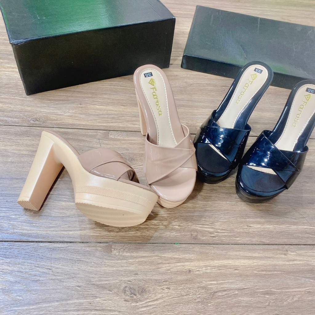 Guốc nữ cao gót đúp 12p chất da bóng sẵn 2 màu đen, cà phê  mã C3