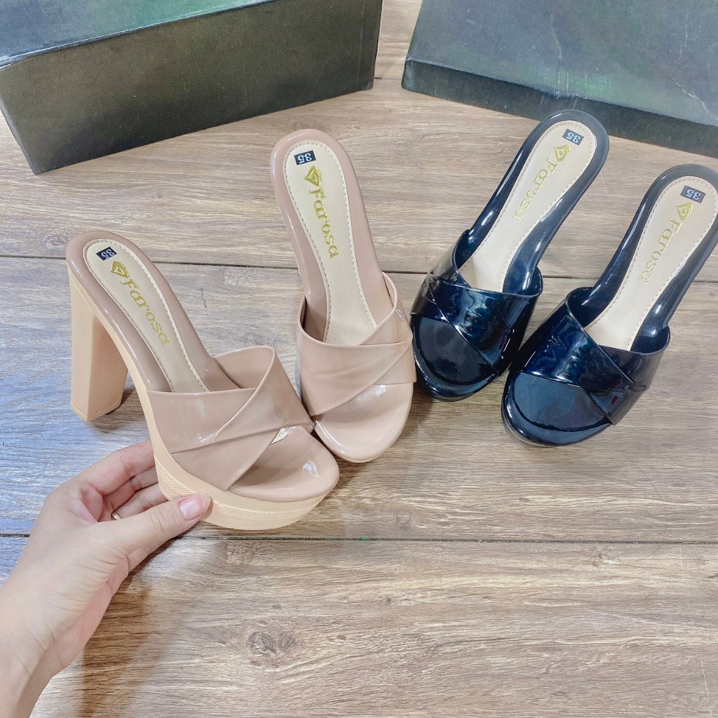 Guốc nữ cao gót đúp 12p chất da bóng sẵn 2 màu đen, cà phê  mã C3